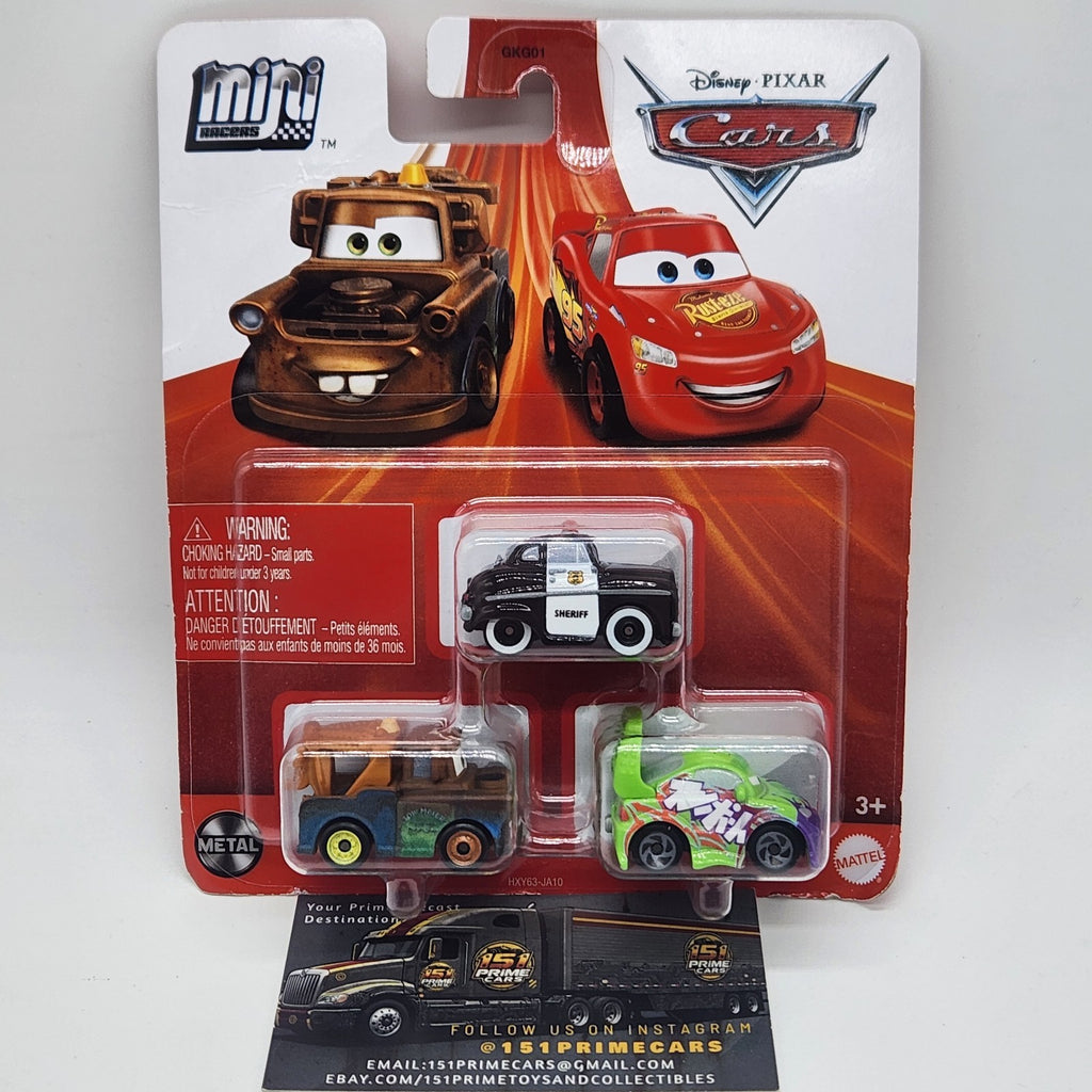 Disney Pixar Cars Mini Racers MATER, WINGO & SHERIFF  3 PACK Hxy630
