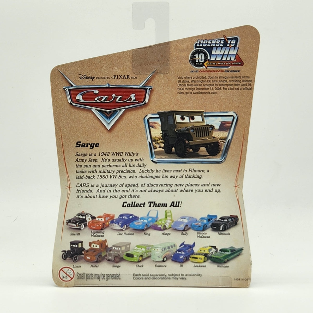 DISNEY PIXAR CARS SARGE IN GREEN 2006 DESERT SERIES 1942 WW II WILLEY ARMY JEEP2