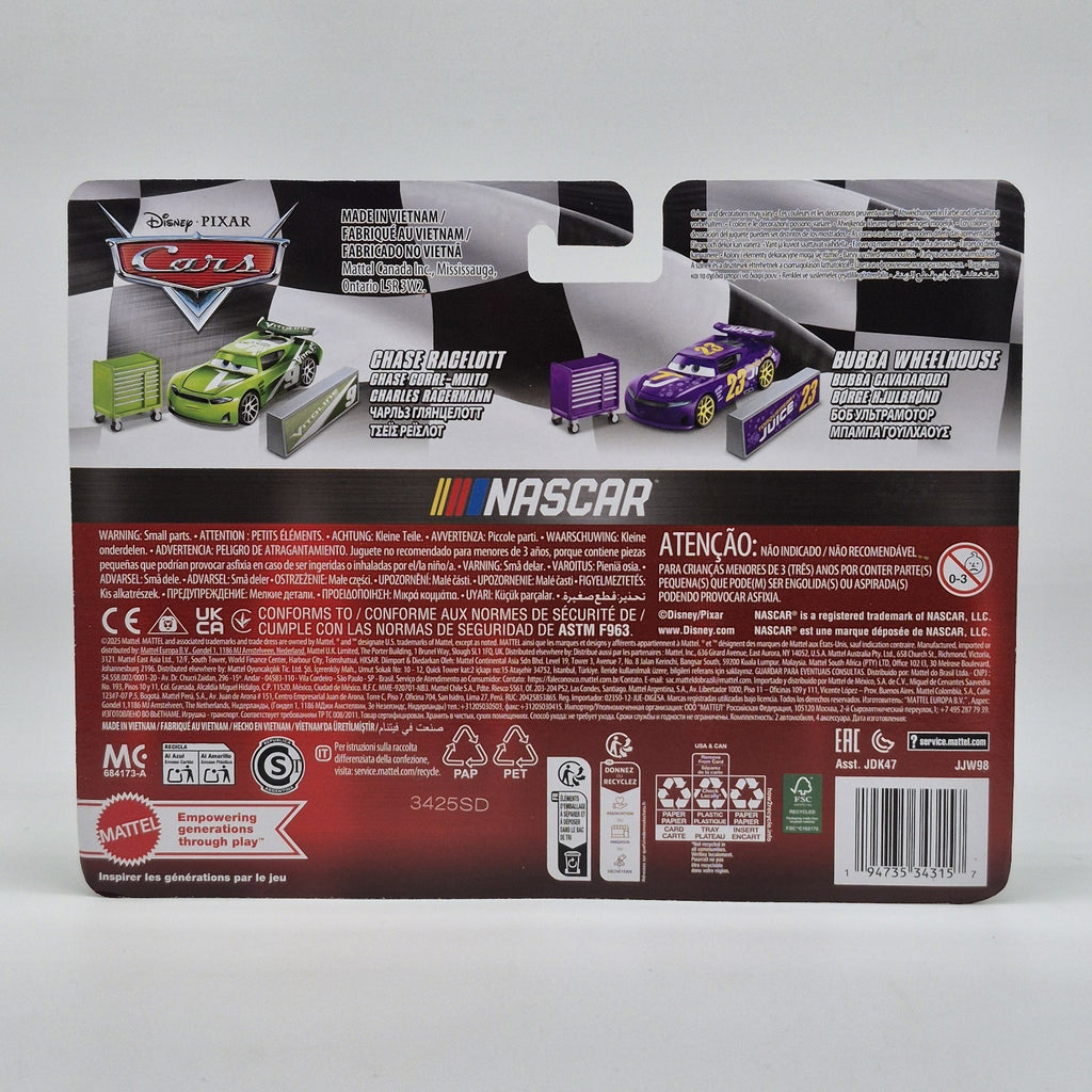 DISNEY PIXAR CARS CHASE RACELOTT AND BUBBA WHEELHOUSE 2 CAR PACK SET NASCAR 20263